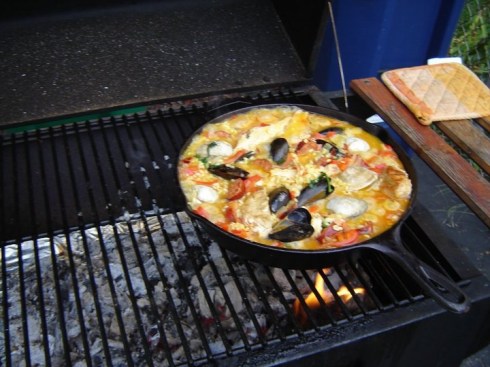 paella over a wood fire grill