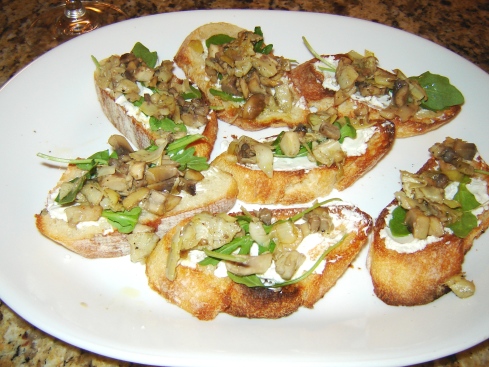 Artichoke, Mushroom, Goat Cheese and Arugula Crostini recipe from Paggi Pazzo