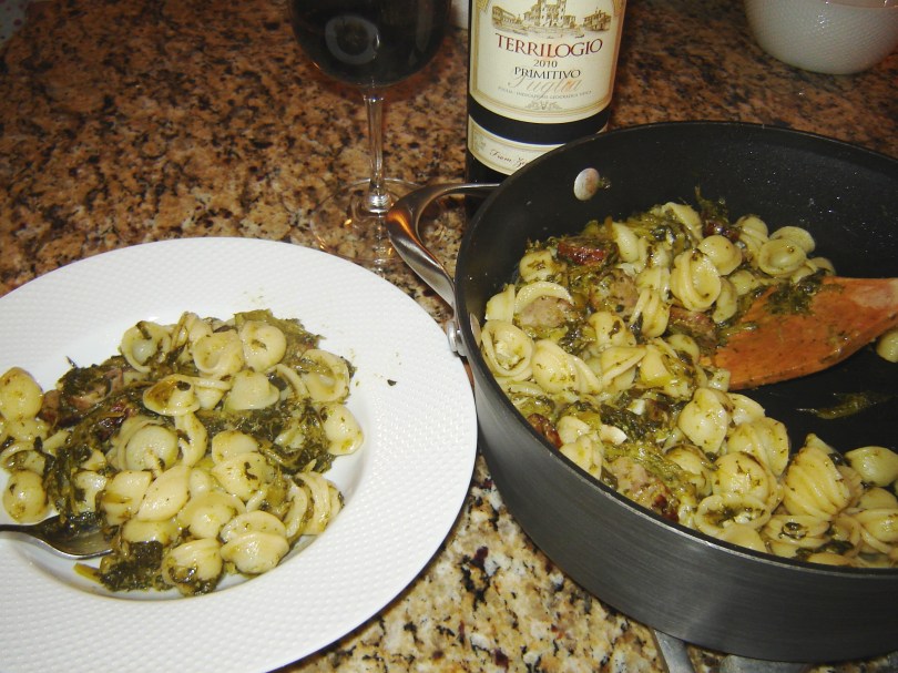 Puglia pasta recipe featuring Orecchiette with sweet sausage, rapini, and garlic from Paggi Pazzo.