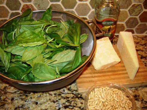 Preparing Pesto alla Genovese with basil, garlic, pine nuts, Pecorino Sardo and Reggiano Parmigiano from Paggi Pazzo