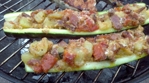 Grilled Uruguayan style with stuffed zucchini (Zapallitos Rellenos) with prosciutto di Parma, sun-dried tomatoes, and fresh mozzarella from Paggi Pazzo