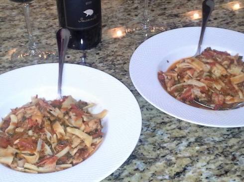 Homemade fresh tagliatelle in a red lobster sauce recipe from Paggi Pazzo