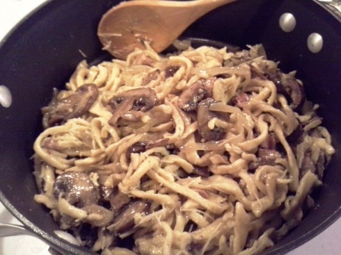 Homemade fresh tagliatelle pasta with pancetta, portbello mushrooms, onions, white wine sauce recipe from Paggi Pazzo