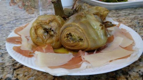 Carciofi alla Romano (Roman-style artichokes) with Prosciutto di Parma and Pecorini Romano from Paggi Pazzo